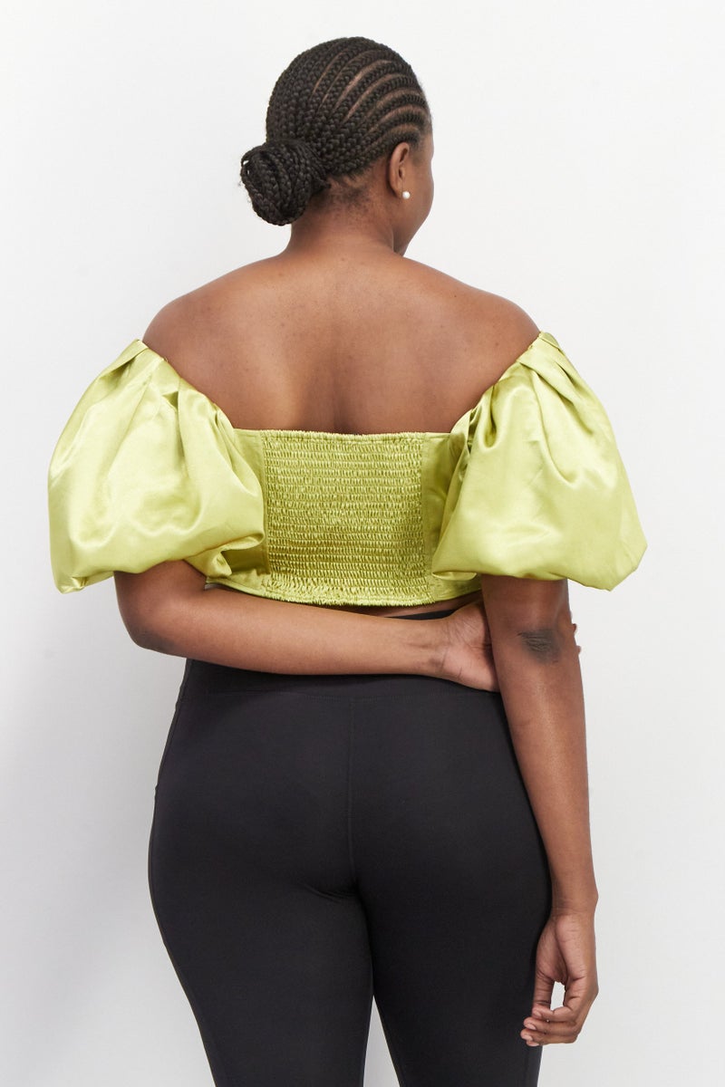 Yaura Women Plus Size Off-Shoulder Neck Puff Sleeve Textured Crop Top, Lime Green - Image 2